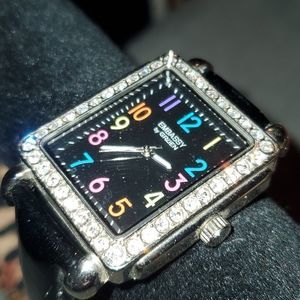 NEW EMBASSY BY GRUEN Colorful Face Rhinestone Cass Black Patent Band Watch‎